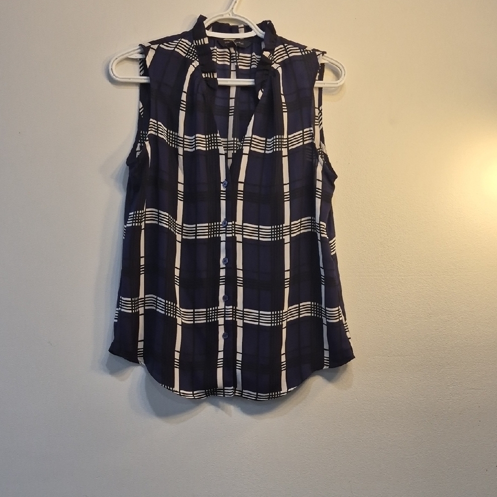 🌟4 For $ 15 🌟Banana Republic Sleeveless Navy Plaid Tie-Neck Blouse